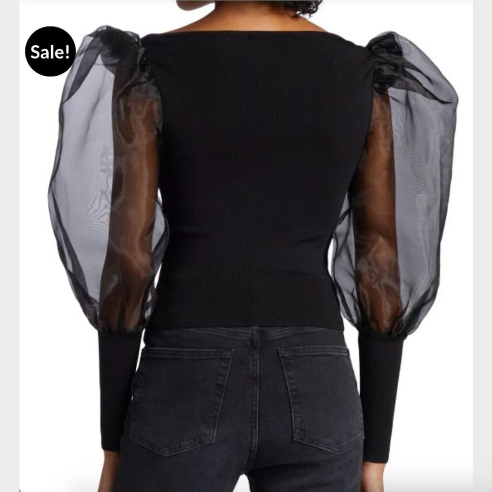 Alice + Olivia NWT Black Abella Sheer Puff-Sleeve Top - Size M - Picture 5 of 13